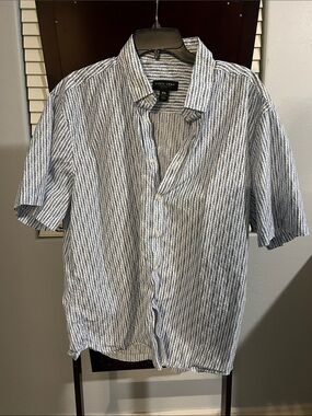 Pronto Uomo Blue and White Vertical Stripe Short-Sleeve Button-Down